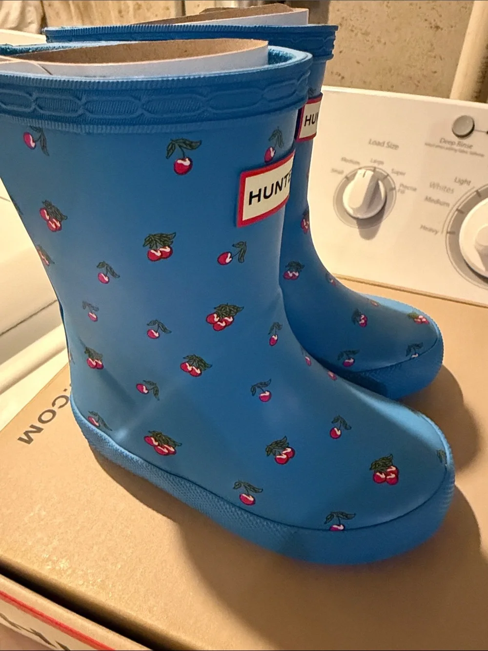 Hunter Kids Blue Rain Boots with Strawberry Motif